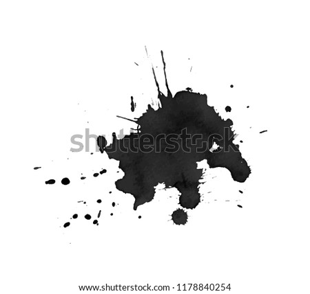 Black  watercolor spot. Paint pattern with drops, splashes and brush strokes. Vector in watercolor style