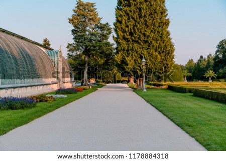 Picture of old greenhouse park in front of Lednice palace in south Moravia at sunrise.