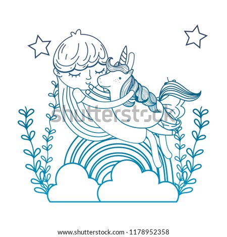degraded outline girl hugging unicorn with rainbow and branches