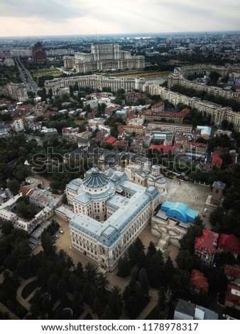 Bucharest Romania central cathedral and palace drone pictures