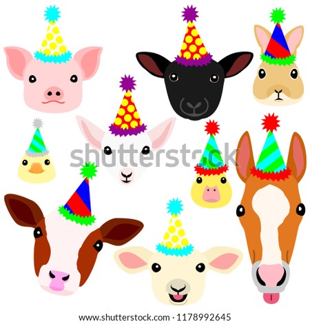 cute farm animal babies face with party hat set