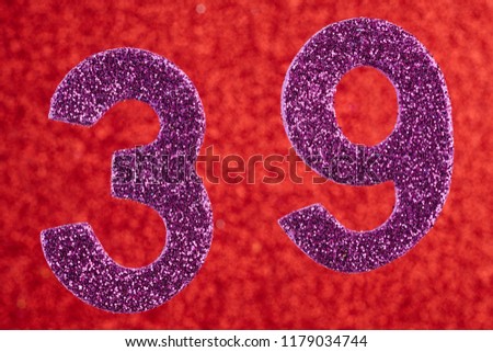 Number thirty-nine purple color over a red background. Anniversary. Horizontal