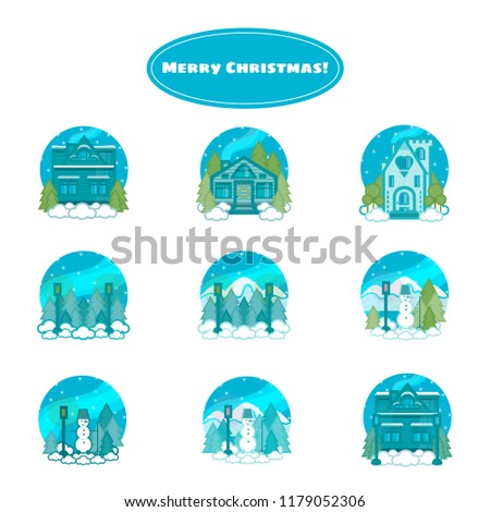 Vector design merry Christmas greeting card. Lovely winter flat house, winter flat forest landscape, sweet snowman. Bright blue colors, green, white background