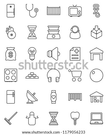 thin line vector icon set - rake vector, apron, oven, sand clock, gold ingot, fitball, heart monitor, sea container, no hook, warehouse, package, barcode, satellite antenna, music hit, speaker, tv
