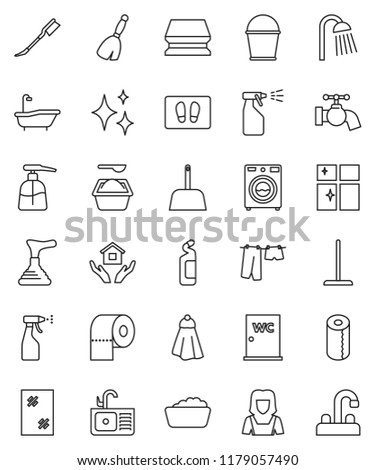 thin line vector icon set - plunger vector, broom, mop, scoop, bucket, sponge, towel, water tap, car fetlock, shining, window cleaning, welcome mat, bath, drying clothes, washer, foam basin, sprayer