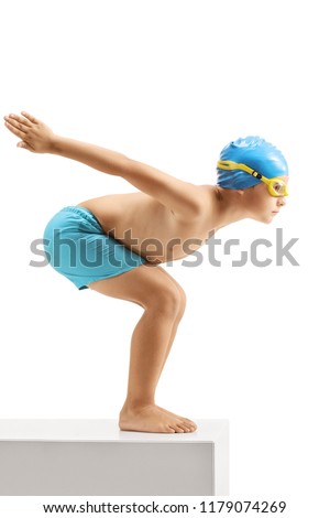Full length profile shot of a little boy swimmer ready to jump isolated on white background