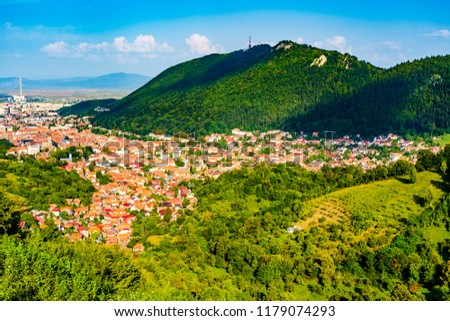 Brasov, Romania: Panoramic landscape view of the old city and Schei neighborhood, around Tampa mountain.