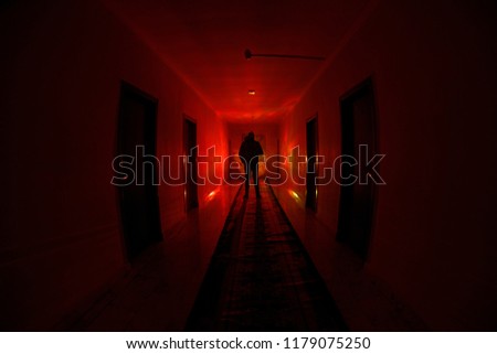 Creepy silhouette in the dark abandoned building. Horror about maniac concept or Dark corridor with cabinet doors and lights with silhouette of spooky horror person standing with different poses.