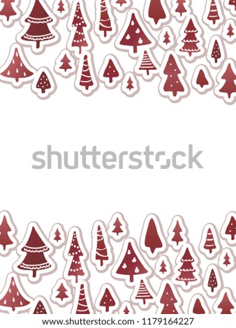 Winter holidays banner design in red tones, postcard with decorated snowy christmas trees