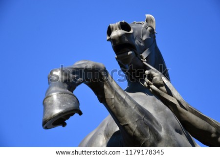 View of Horse tamers monument by Peter Klodt on Anichkov Bridge in Saint-Petersburg Russia. Popular touristic landmark.