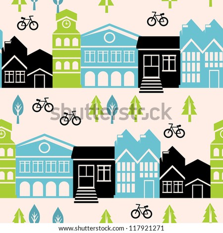 Vector seamless pattern with house and building icons in  retro style