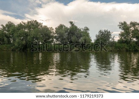 Landscape with waterline, reeds and vegetation,  water reflections, clouds, at sunset, in Danube Delta,  Romania
