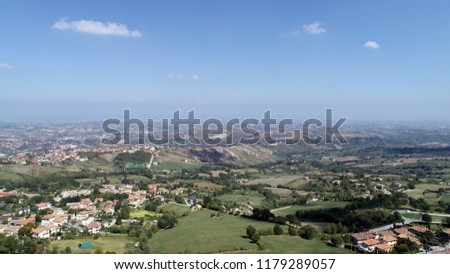 Aerial view of San Marino  also known as the Most Serene Republic of San Marino an enclaved microstate surrounded by Italy, situated on the Italian Peninsula on the northeastern side of the Apennines