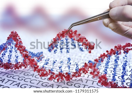 Genetic engineering, GMO and Gene manipulation concept. Hand is inserting sequence of DNA.  3D illustration of DNA. Royalty-Free Stock Photo #1179311575