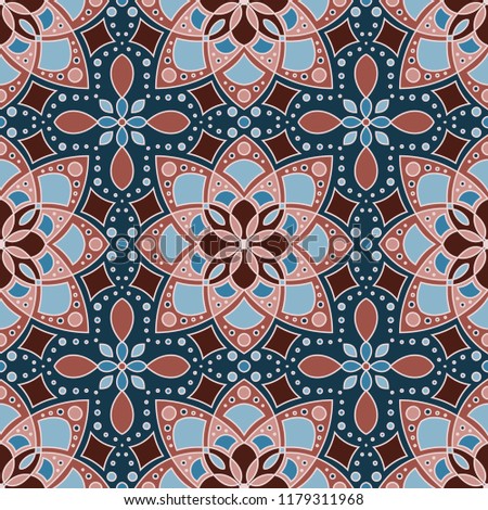 Colorful tile with symmetrical mandala. Vector seamless pattern. Fabric desing