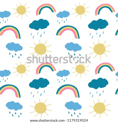 vector color blue pink yellow weather sun rain rainbow cloud seamless repeating pattern cartoon childish for your design