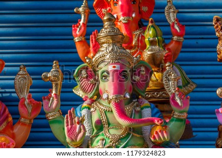 Ganesh Chaturthi,a famous hindu festival in india where big molds of god ganesha made in different culture style and sold. with selective focus on subject pillaiyar Ganapati Binayak 2019 Dussehra 