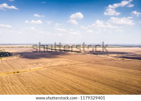 Areal view of yellow crop fields and asphalt highway road in sunny summer day, panoramic nature landscape in countryside or farmland, toned