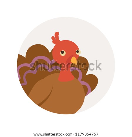 Turkey icon for thanksgiving day in circle. Cute cartoon traditional character. Greeting card on white background . Flat design decor element for vector illustration