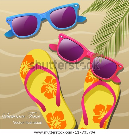 Holiday greeting card with sun glasses, flip-flops and Palm leaves. Vector Illustration