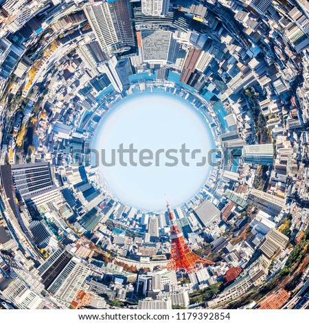 Creative design idea concept - 360 degree panorama circle panoramic modern city skyline aerial view under blue sky in Tokyo, Japan