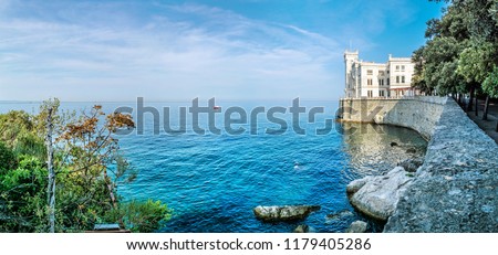 Miramare castle near Trieste, northeastern Italy. Travel destination. Beautiful architecture. Panoramic photo. Royalty-Free Stock Photo #1179405286
