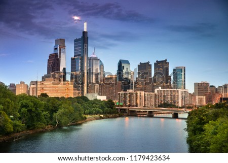 Philadelphia cityscape downtown urban core skyscrapers over the Schuylkill River in Pennsylvania USA