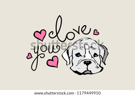 I love you colour seamless pattern illustration with cute bulldog puppy and pink and black hearts