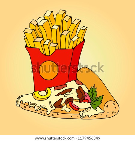 
French fries and a slice of pizza