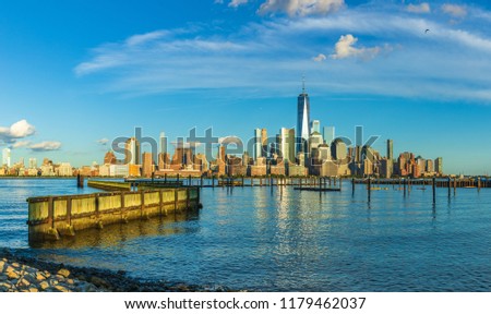 View to Manhattan skyline from New Jersey City at sunset, USA
