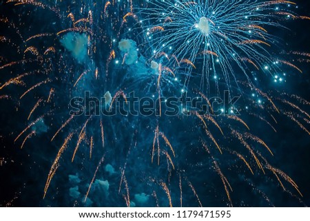 Fireworks light up the sky, New Year celebration.