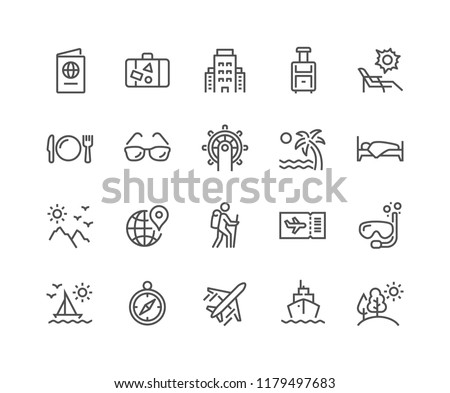 Simple Set of Travel Related Vector Line Icons. Contains such Icons as Luggage, Passport, Sunglasses and more.
Editable Stroke. 48x48 Pixel Perfect. Royalty-Free Stock Photo #1179497683