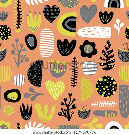 Cute Scandinavian kids design. Seamless abstract vector pattern with heart, flowers, plants, rainbow shapes black, gray, white, mustard on orange background. For fabric, blog banner, wrapping, paper