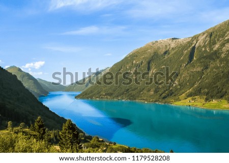 Picture of fjord, summer in Norway - blue water, clear sky