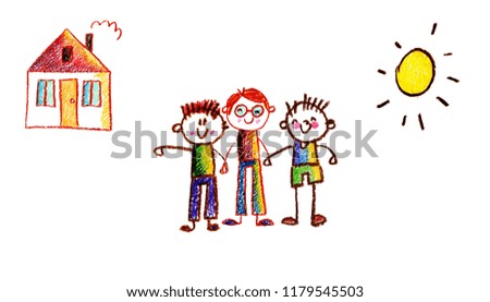 Kids drawing Happy family holding hands Mother, father, sister, brother Happy mom and dad with son and daughter Children illustration with happy couple, kids, parents