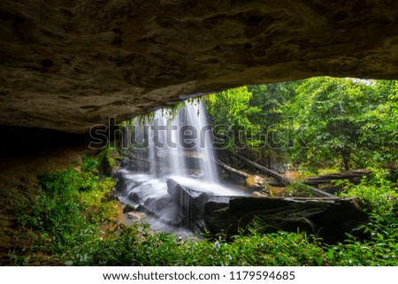 Khun Sri waterfall in tropical forest Thailand leaf moving low speed shutter blur.Unseen in Sisaket province,Thailand.