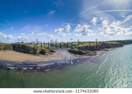 Little Haven, Pembrokeshire, Wales drone aerial landscape photo with copy space green and blue