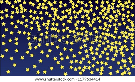 Many Random Falling Yellow Stars Confetti on Blue Background. Invitation Design. 
 Banner, Greeting Card, Christmas card, Postcard, Packaging, Textile Print. Beautiful Night Sky