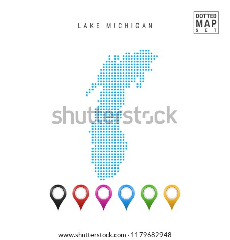 Dots Pattern Vector Map of Lake Michigan. Stylized Simple Silhouette of Lake Michigan. Set of Multicolored Map Markers. Illustration Isolated on White Background.