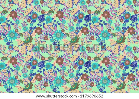 Abstract seamless design. Raster floral pattern with abstract flowers. Grunge beige, green and blue background. Textile print for bed linen, jacket, package design, fabric and fashion concepts.