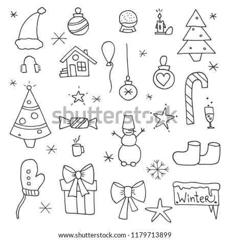 set of winter objects, doodle cartoon vector illustration.