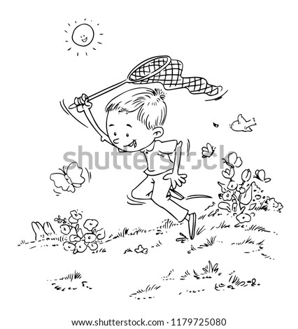 Vector illustration, coloring drawing, kid chasing butterflies, cartoon concept.