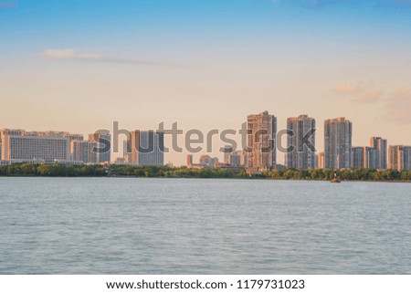 Empty lake and modern urban architecture skyline panorama in Wuxi China