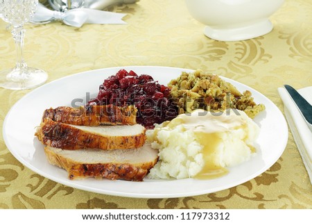 Thanksgiving turkey dinner with mashed potatoes and gravy, stuffing, and homemade cranberry sauce. Shallow depth of field.