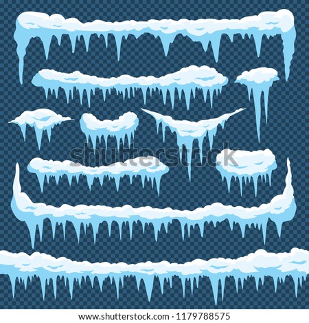 Cartoon snow icicles. Icicle ice with snowcap on top. Winter snowing borders for christmas cards design. Frost neve snowy weather frames, icy frosted frozen sign vector isolated icons set Royalty-Free Stock Photo #1179788575