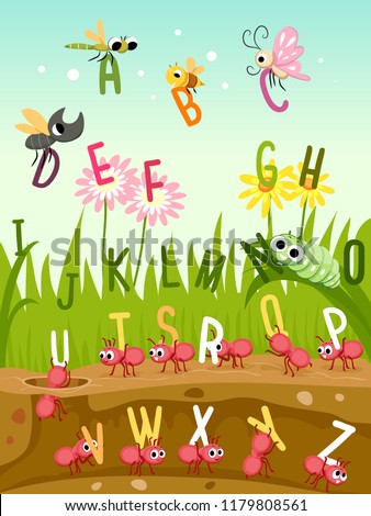 Illustration of Different Insects like Dragonfly, Butterfly, Bee, Beetle, Ants and Caterpillar with the Alphabet