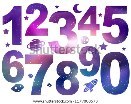 Illustration of Numbers with Rockets, Stars, Meteor Elements