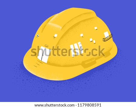 Illustration of a Yellow Construction Hard Hat Miniature Building with Door and Windows