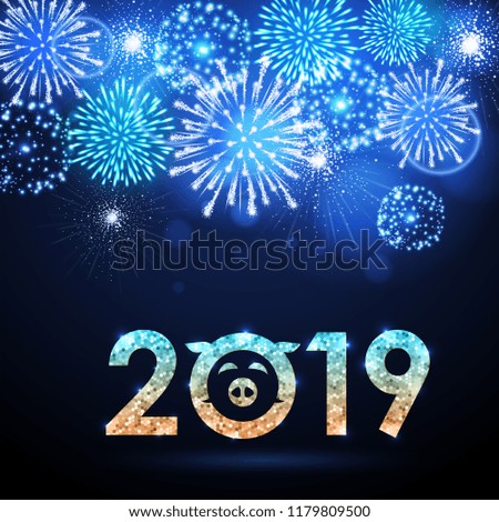 Vector holiday festival blue firework. Happy new year card 2019