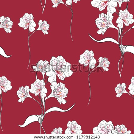 Flower seamless pattern with beautiful  alstroemeria lily flowers on dark red background template. Vector set of blooming floral for wedding invitations and greeting card design.  Royalty-Free Stock Photo #1179812143